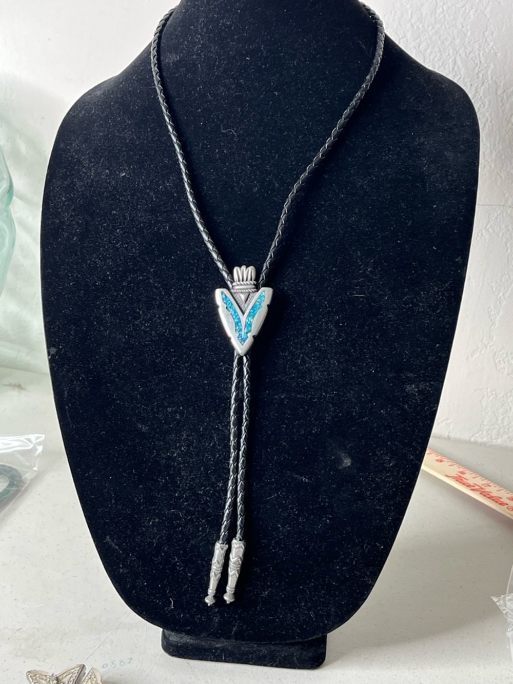Source Unknown Black Braided Bolo Tie with Turquoise Inlay